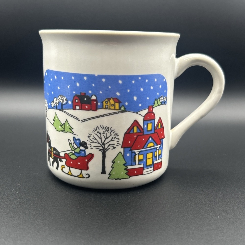 MUG COFFEE CUP WHITE & BLUE WITH HORSE SLEIGH IN COUNTRY FARM HOUSE BARN SCENE
